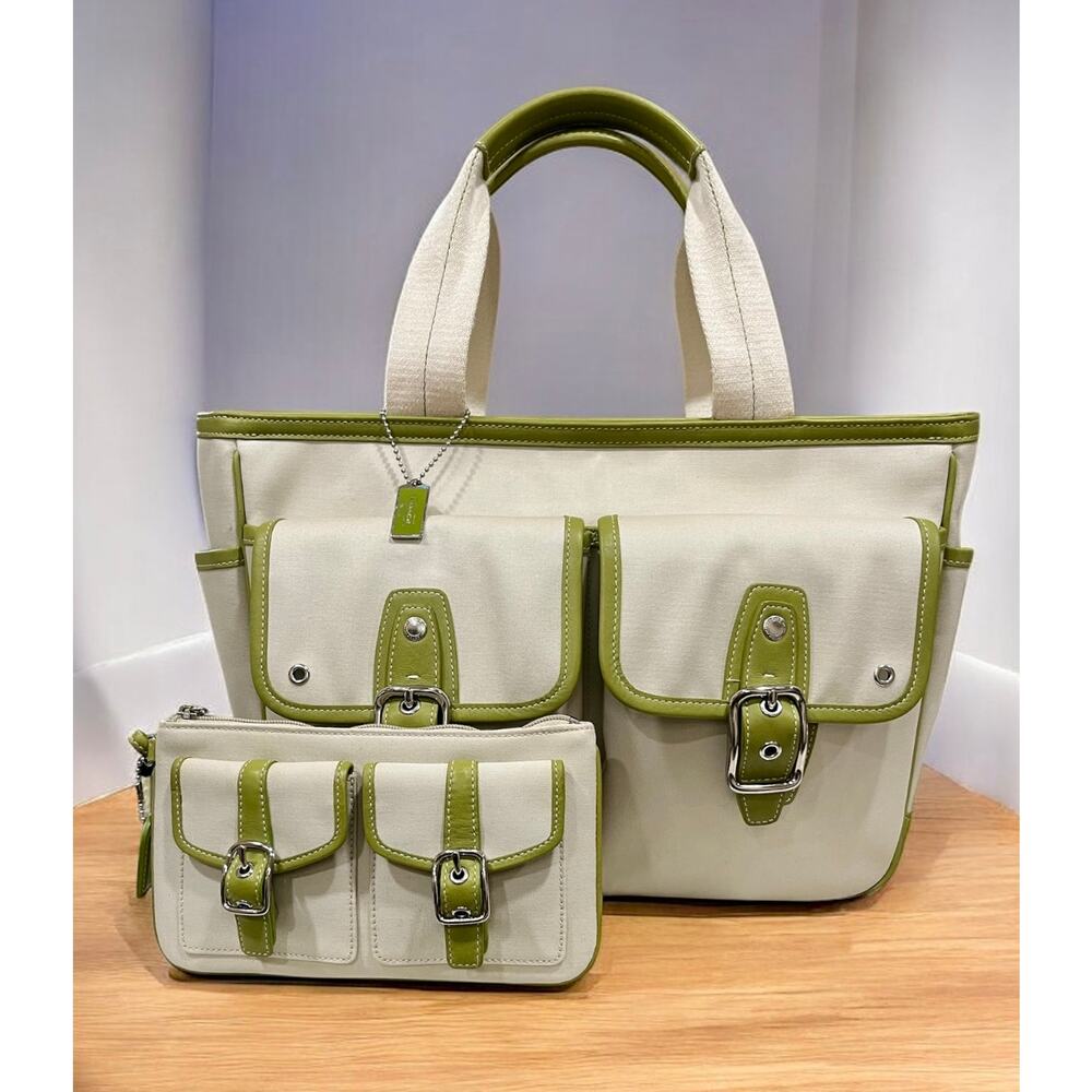 Vintage Coach 6734 Twill Garden Tote Bag & 3431 Twill Field Wristlet